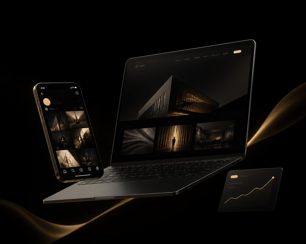 Social media content, a business website and a growth analytics card shown on premium black and gold devices